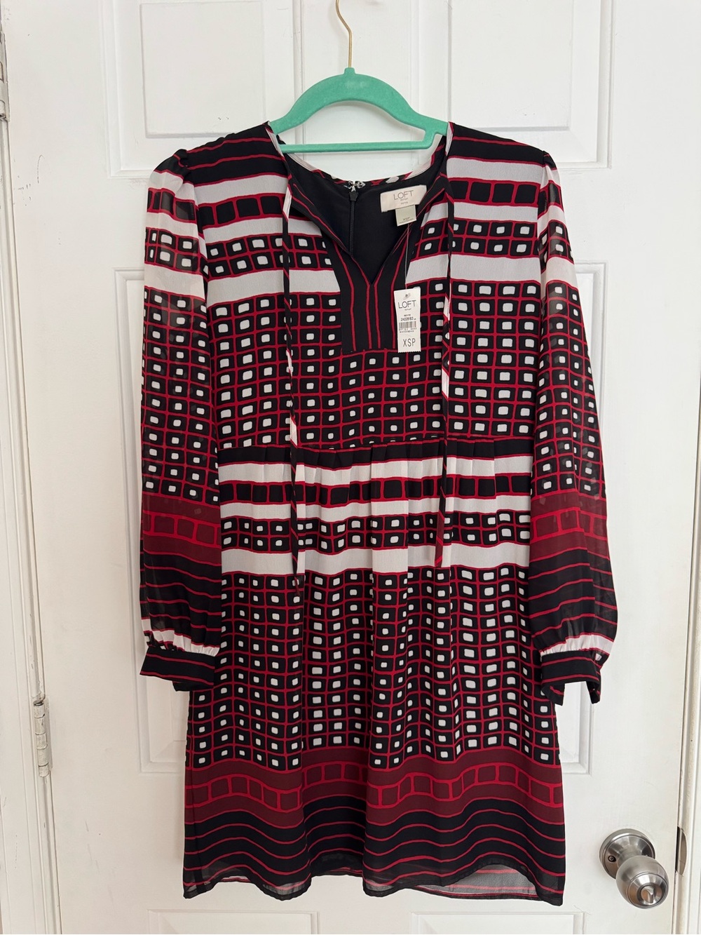 LOFT Red, Black and White Geometric Long-Sleeve Dress